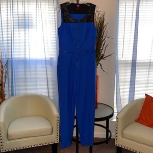 2 B Bebe| Royal Blue Jumpsuit with Black Faux Leather Detail